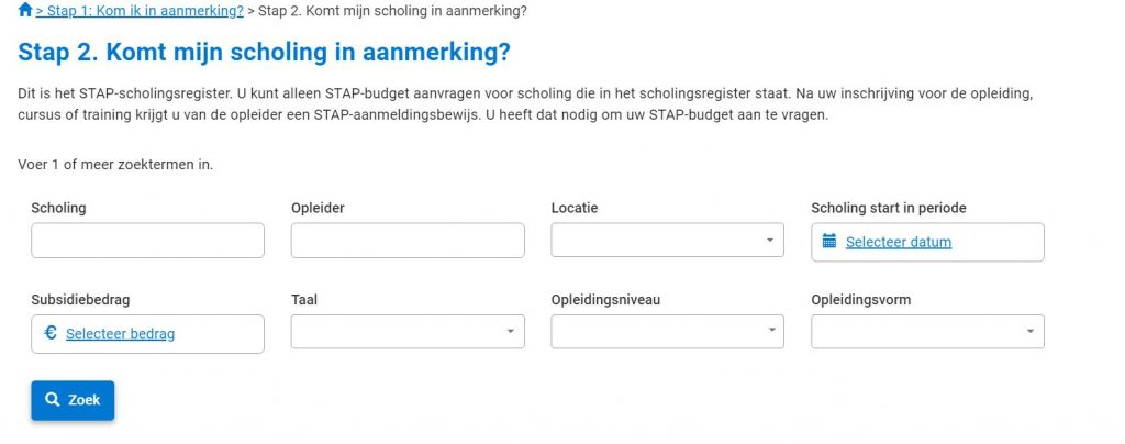 Screenshot from https://www.stapuwv.nl/stap/ - Is my training eligible for STAP?